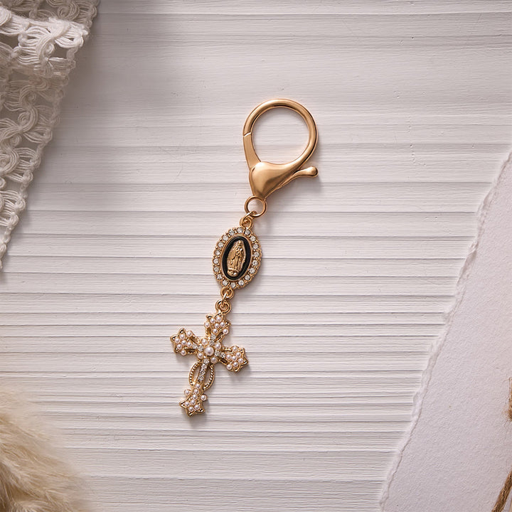 Solacebeads Enamel Rhinestone Guadalupe Medal &amp; Pearl‑inlaid Cross Keychain: Carrying Quiet Faith - Black - image 2