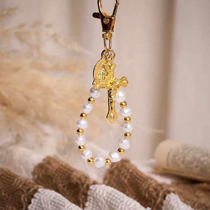 SolaceBeads Keychain Keychain Bag Charm, Baroque Pearl, Miraculous Medal &amp; Crucifix: Grace‑Filled Charm - image 4