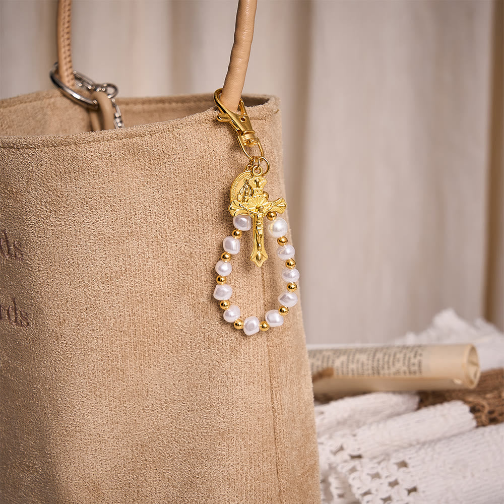 SolaceBeads Keychain Keychain Bag Charm, Baroque Pearl, Miraculous Medal &amp; Crucifix: Grace‑Filled Charm - image 1
