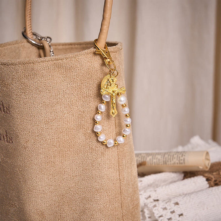 SolaceBeads Keychain Keychain Bag Charm, Baroque Pearl, Miraculous Medal &amp; Crucifix: Grace‑Filled Charm - image 1