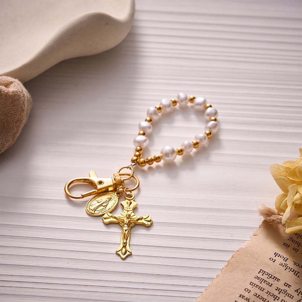 SolaceBeads Keychain Keychain Bag Charm, Baroque Pearl, Miraculous Medal &amp; Crucifix: Grace‑Filled Charm - image 2