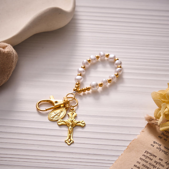 SolaceBeads Keychain Keychain Bag Charm, Baroque Pearl, Miraculous Medal &amp; Crucifix: Grace‑Filled Charm - image 2