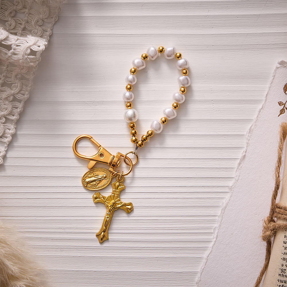 SolaceBeads Keychain Keychain Bag Charm, Baroque Pearl, Miraculous Medal &amp; Crucifix: Grace‑Filled Charm - White - image 0