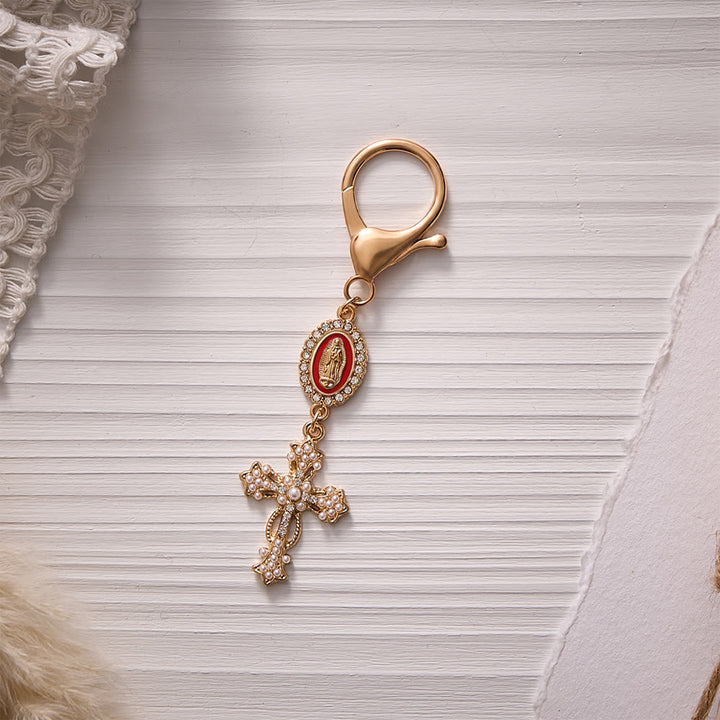 Solacebeads Enamel Rhinestone Guadalupe Medal &amp; Pearl‑inlaid Cross Keychain: Carrying Quiet Faith - Red - image 3