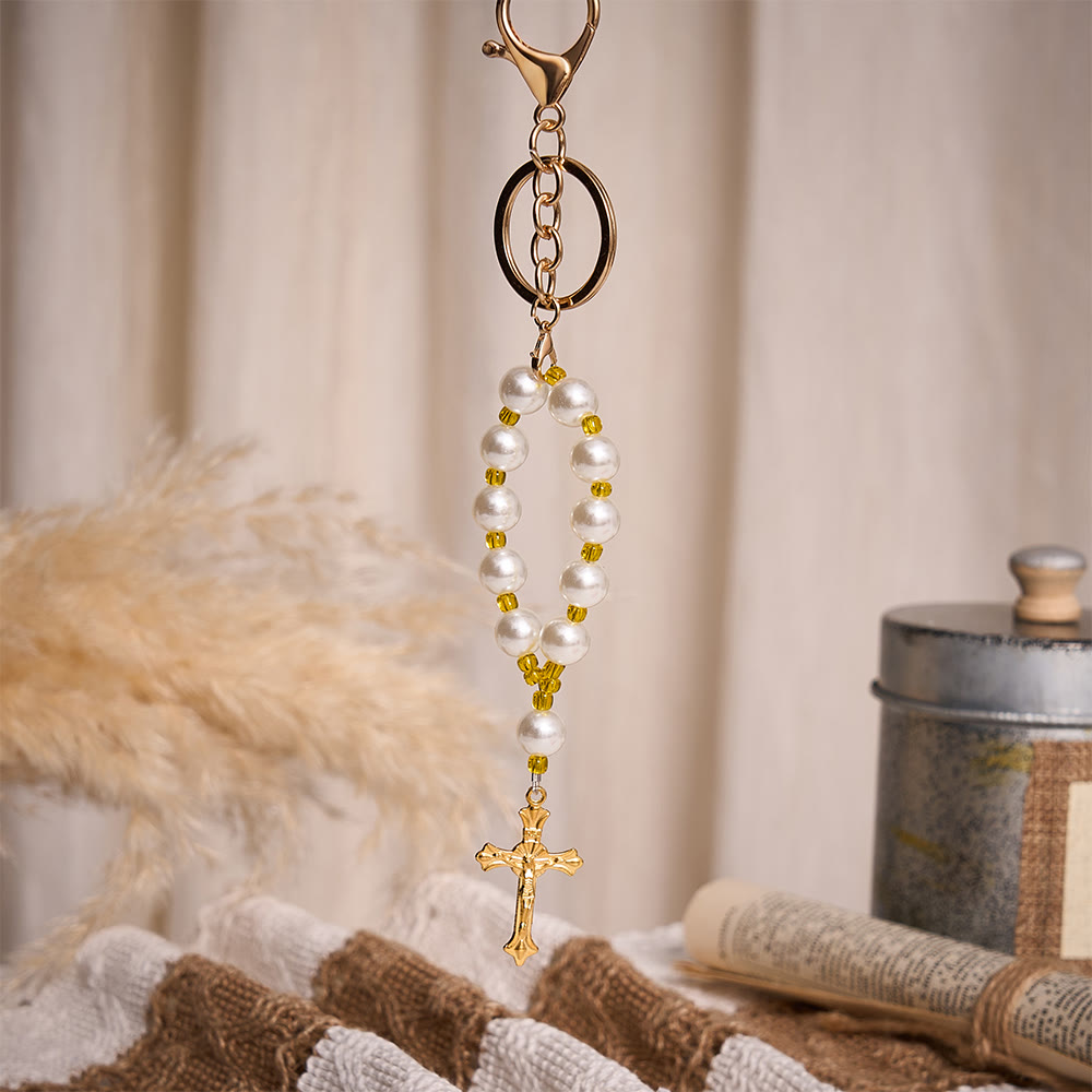 SolaceBeads Keychain Bag Charm, Pearl &amp; Yellow Glass Beads, Crucifix: Grace Blessing Accessory - image 4