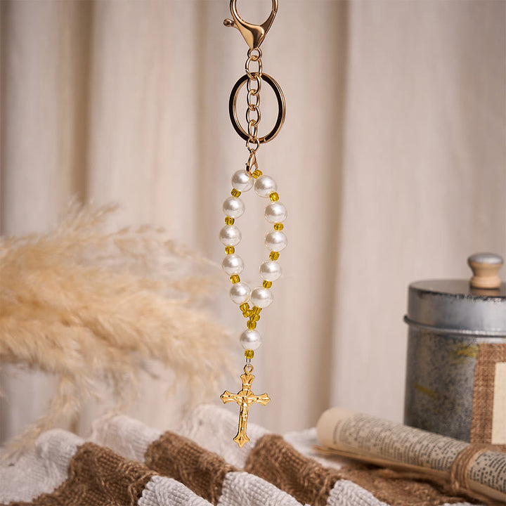 SolaceBeads Keychain Bag Charm, Pearl &amp; Yellow Glass Beads, Crucifix: Grace Blessing Accessory - image 4