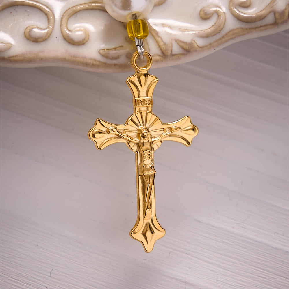 SolaceBeads Keychain Bag Charm, Pearl &amp; Yellow Glass Beads, Crucifix: Grace Blessing Accessory - image 3
