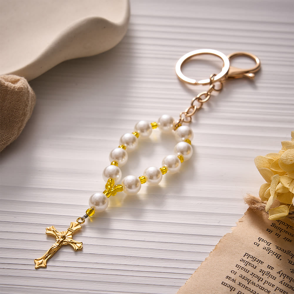 SolaceBeads Keychain Bag Charm, Pearl &amp; Yellow Glass Beads, Crucifix: Grace Blessing Accessory - image 2