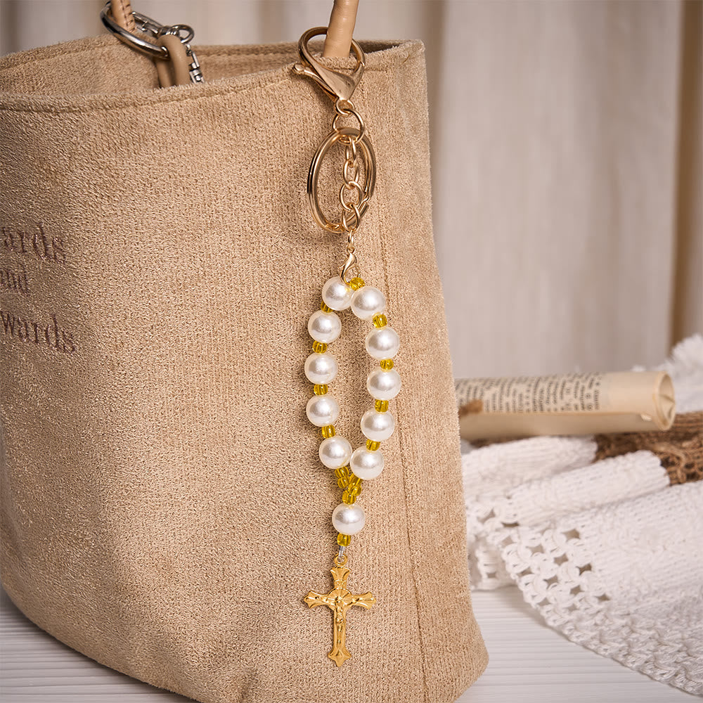 SolaceBeads Keychain Bag Charm, Pearl &amp; Yellow Glass Beads, Crucifix: Grace Blessing Accessory - image 1