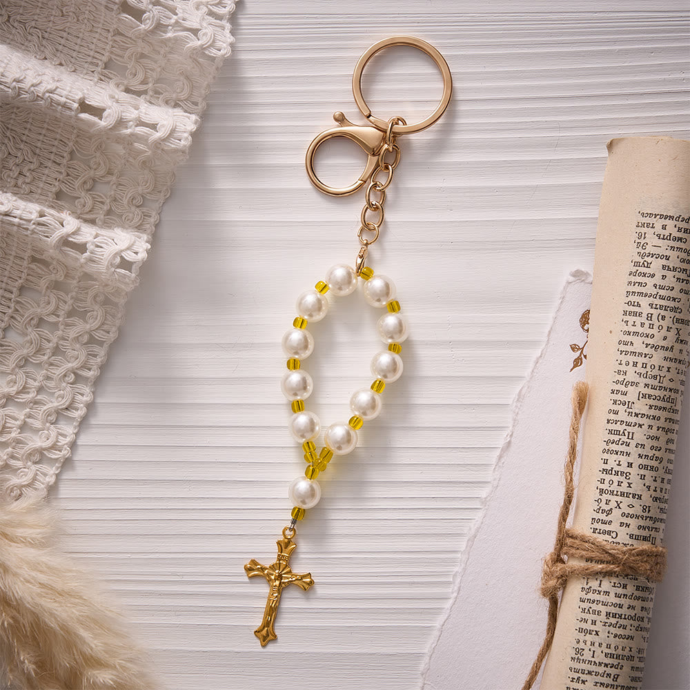 SolaceBeads Keychain Bag Charm, Pearl &amp; Yellow Glass Beads, Crucifix: Grace Blessing Accessory - White - image 0