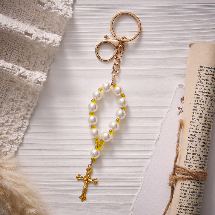 SolaceBeads Keychain Bag Charm, Pearl &amp; Yellow Glass Beads, Crucifix: Grace Blessing Accessory - White - image 0