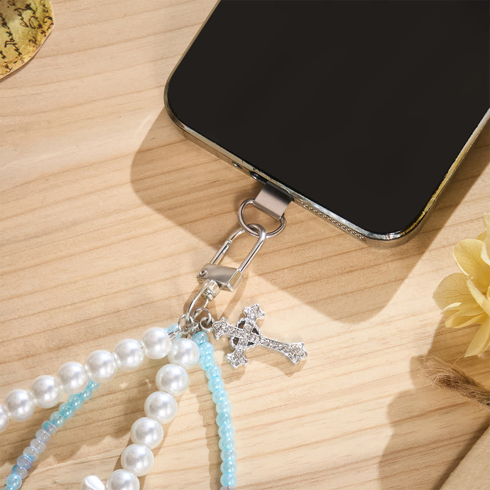 SolaceBeads Phone Charm, Pearl &amp; Blue‑White Glass Beads, Cross: Faith‑Inspired Mobile Ornament - image 7