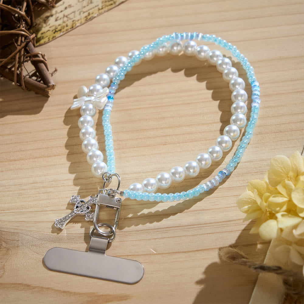 SolaceBeads Phone Charm, Pearl &amp; Blue‑White Glass Beads, Cross: Faith‑Inspired Mobile Ornament - image 4