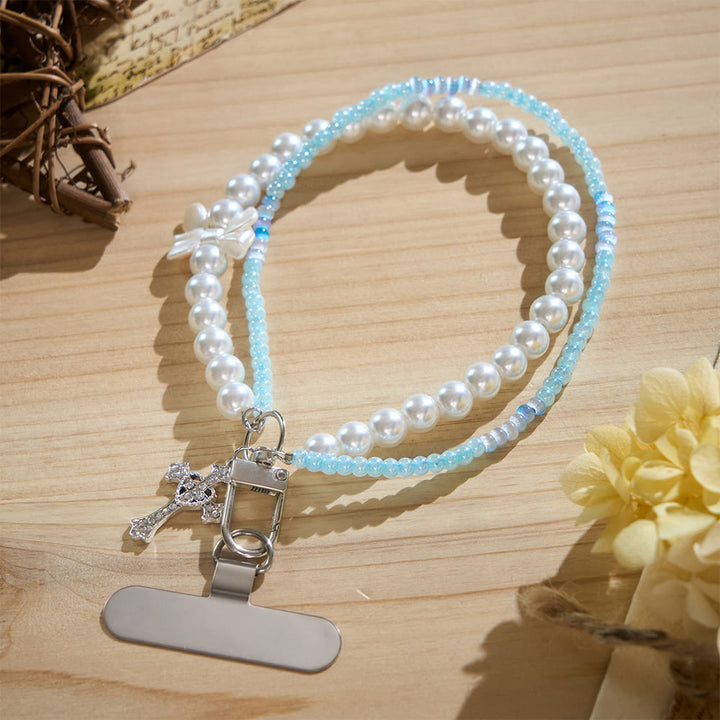 SolaceBeads Phone Charm, Pearl &amp; Blue‑White Glass Beads, Cross: Faith‑Inspired Mobile Ornament - image 4