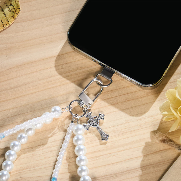 SolaceBeads Phone Charm, Pearl &amp; Blue‑White Glass Beads, Cross: Faith‑Inspired Mobile Ornament - image 8