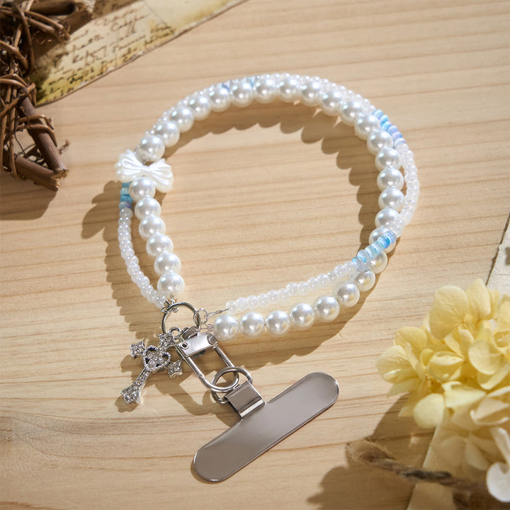 SolaceBeads Phone Charm, Pearl &amp; Blue‑White Glass Beads, Cross: Faith‑Inspired Mobile Ornament - image 3