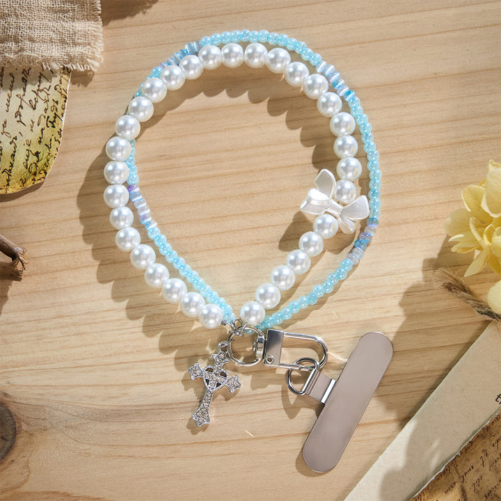 SolaceBeads Phone Charm, Pearl &amp; Blue‑White Glass Beads, Cross: Faith‑Inspired Mobile Ornament - Light Blue - image 1