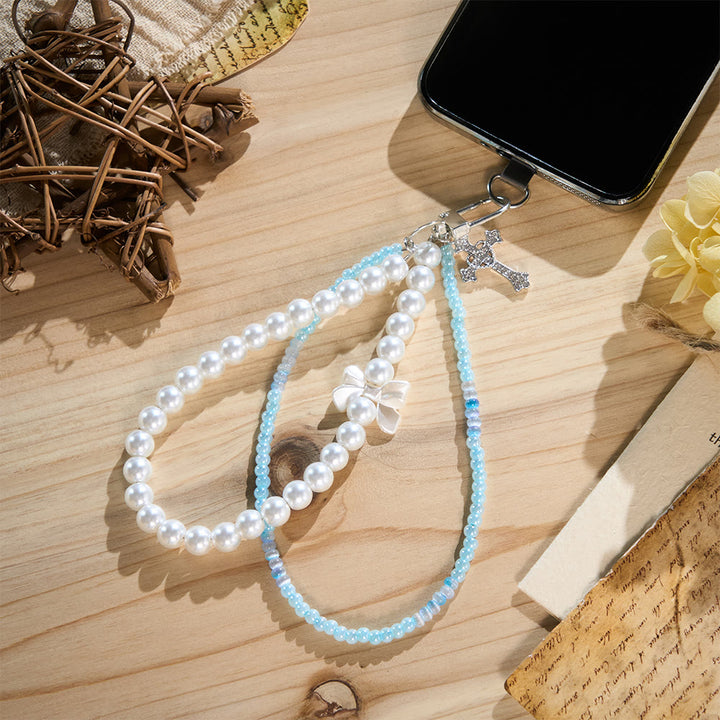 SolaceBeads Phone Charm, Pearl &amp; Blue‑White Glass Beads, Cross: Faith‑Inspired Mobile Ornament - image 5
