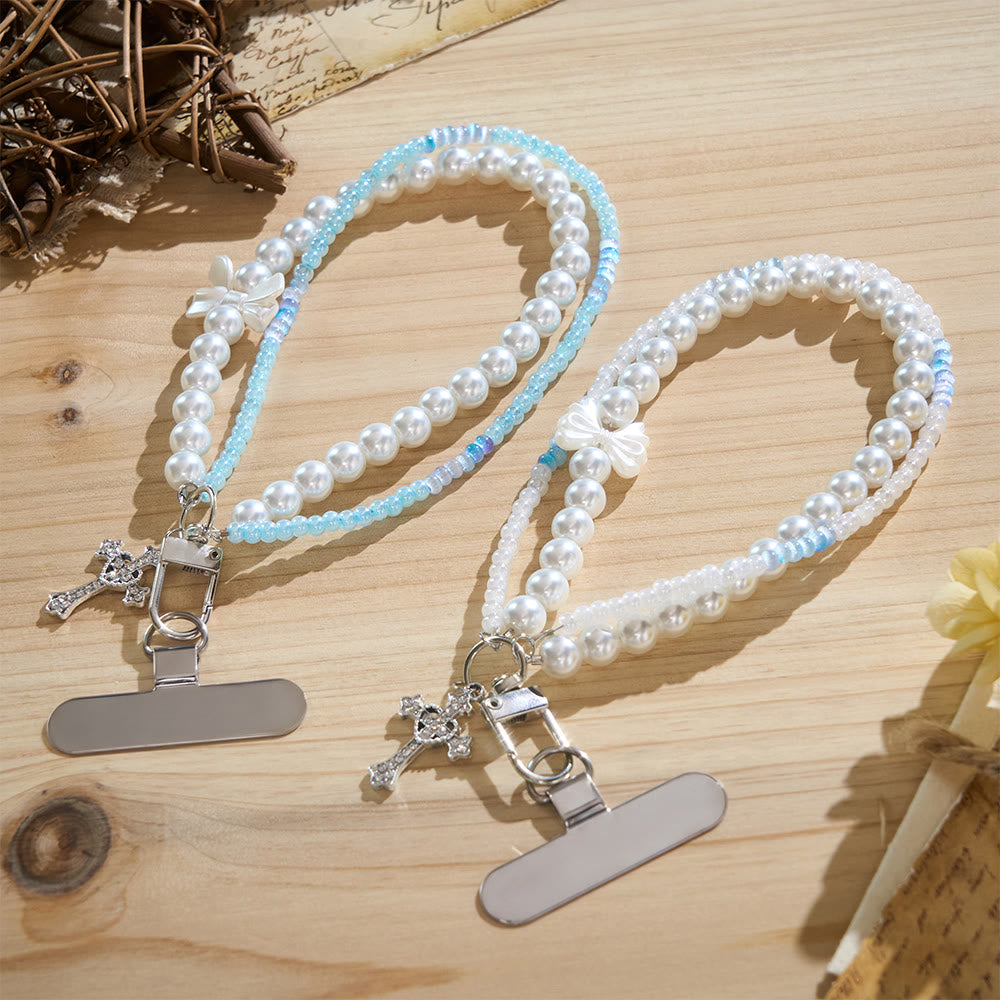 SolaceBeads Phone Charm, Pearl & Blue‑White Glass Beads, Cross: Faith‑Inspired Mobile Ornament - Set of Two - image 0