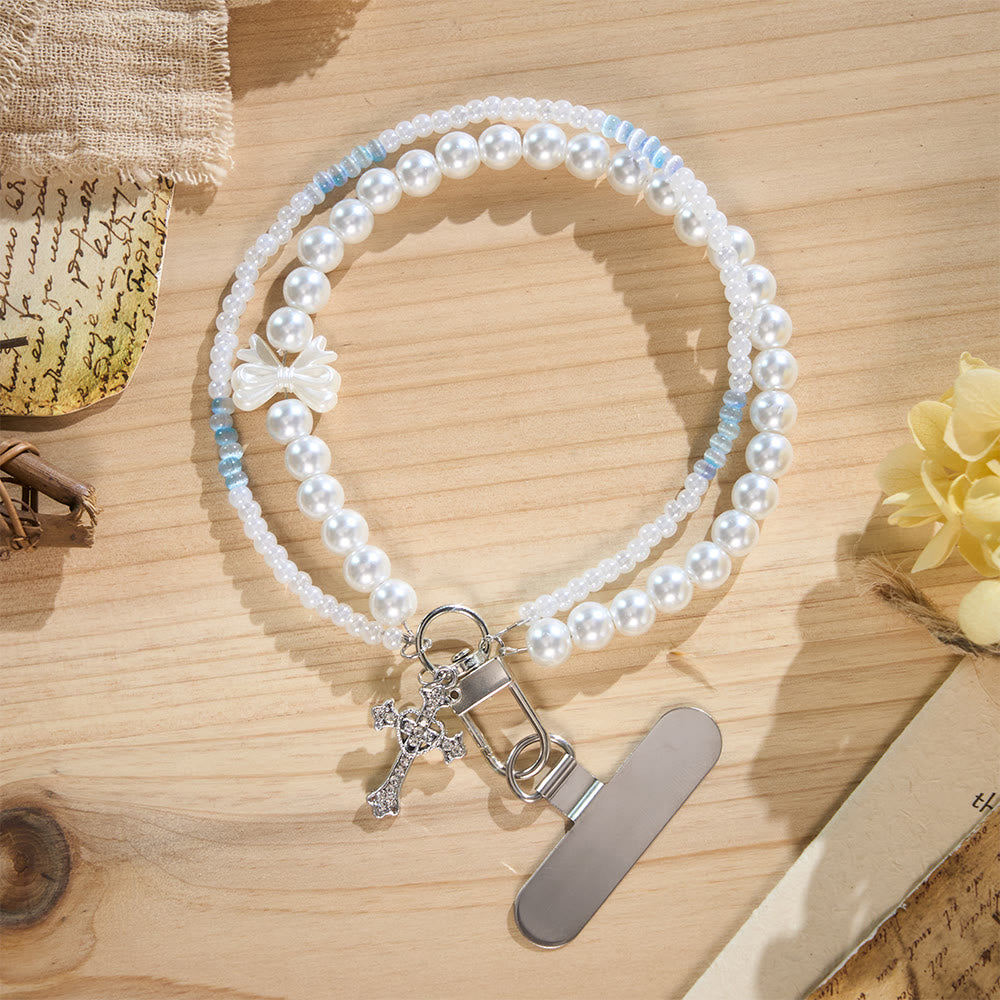 SolaceBeads Phone Charm, Pearl &amp; Blue‑White Glass Beads, Cross: Faith‑Inspired Mobile Ornament - White - image 2