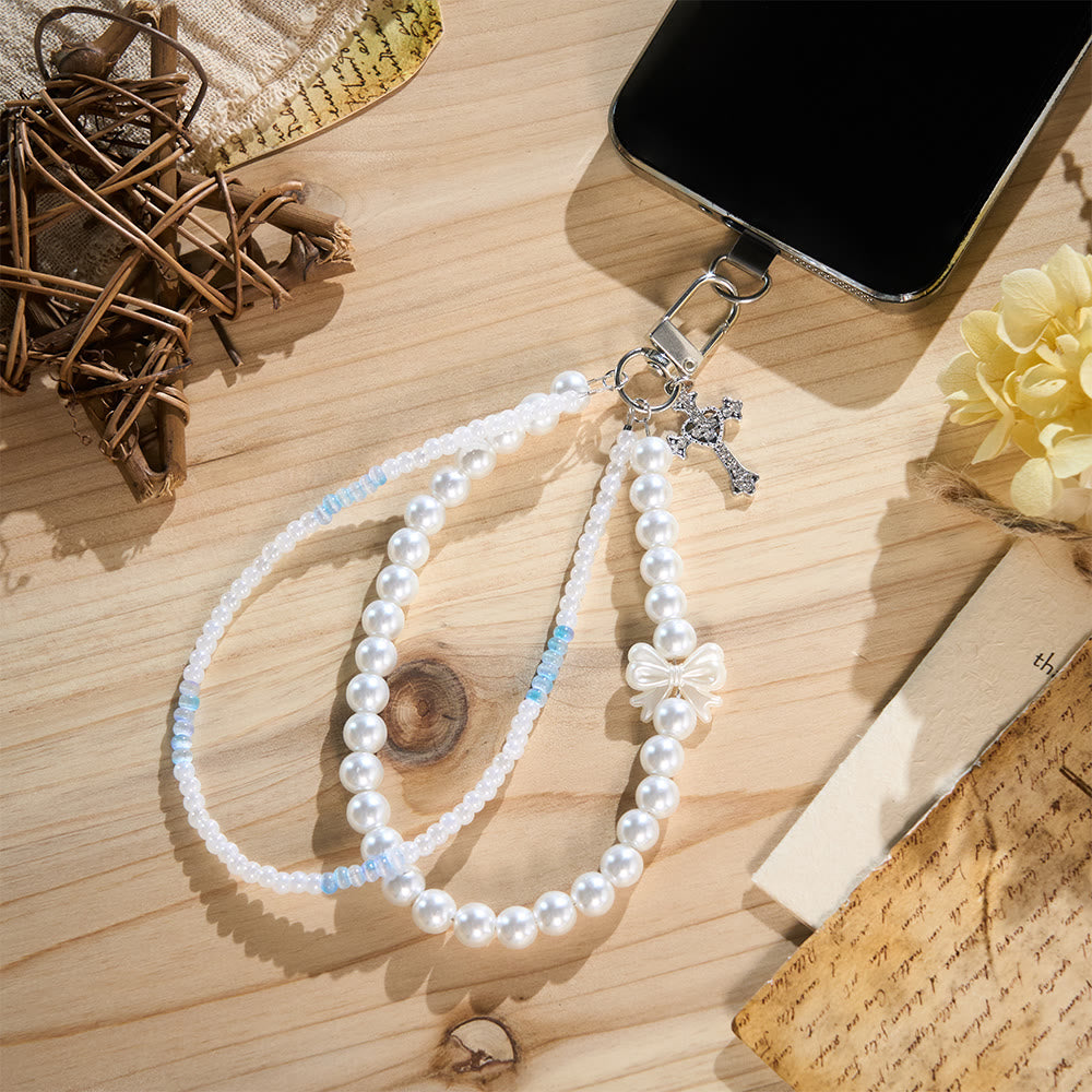 SolaceBeads Phone Charm, Pearl &amp; Blue‑White Glass Beads, Cross: Faith‑Inspired Mobile Ornament - image 6