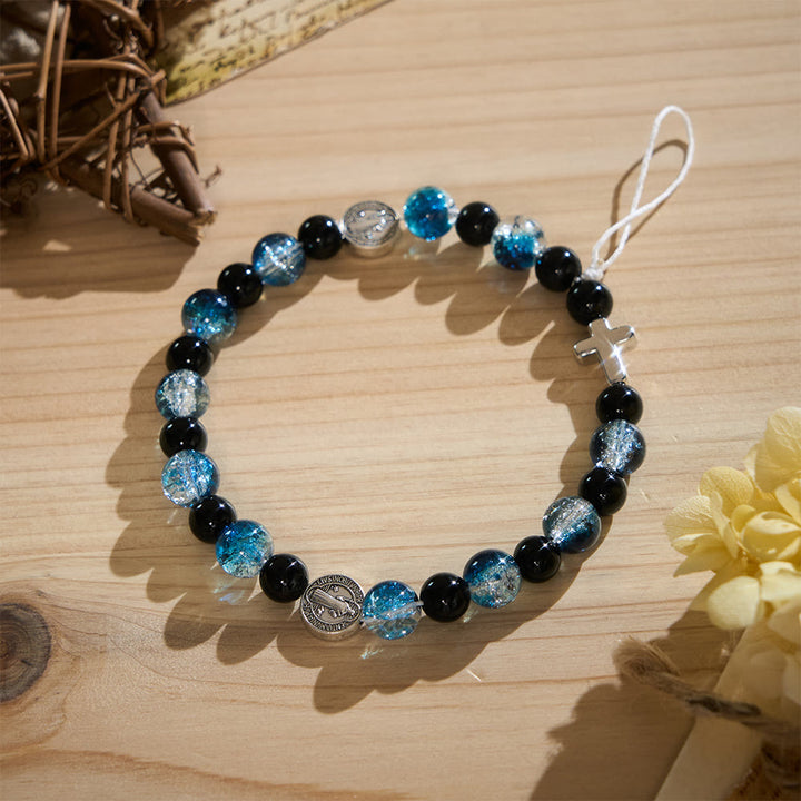 SolaceBeads Obsidian &amp; Ocean‑blue Crackle Phone Charm: St. Benedict Protection For Everyday Journey - Black &amp; Blue - image 0