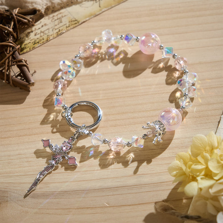 SolaceBeads Phone Charm, Crystal &amp; Pearl Beads, Two‑Color Option Cross: Light‑Filled Devotion Accessory - Pink - image 2