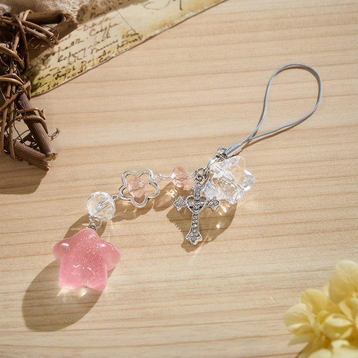 SolaceBeads Phone Charm, Crystal Beads &amp; Star Pendant, Cross: Gentle‑Toned Devotion accessories - Pink - image 0