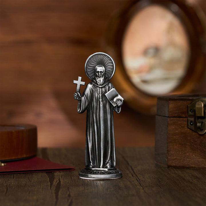 Solacebeads St. Benedict With Cross And Rule Mini Alloy Prayer Statue: Bringing Spiritual Shelter - Antique Pewter - image 1