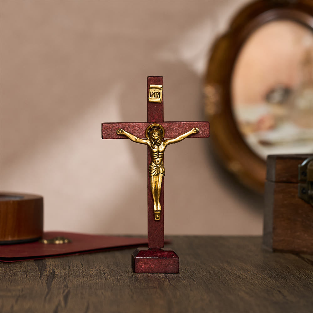 SolaceBeads Standing Wood Crucifix Tabletop Prayer Cross: Accompanying Personal Meditation - Red - image 1