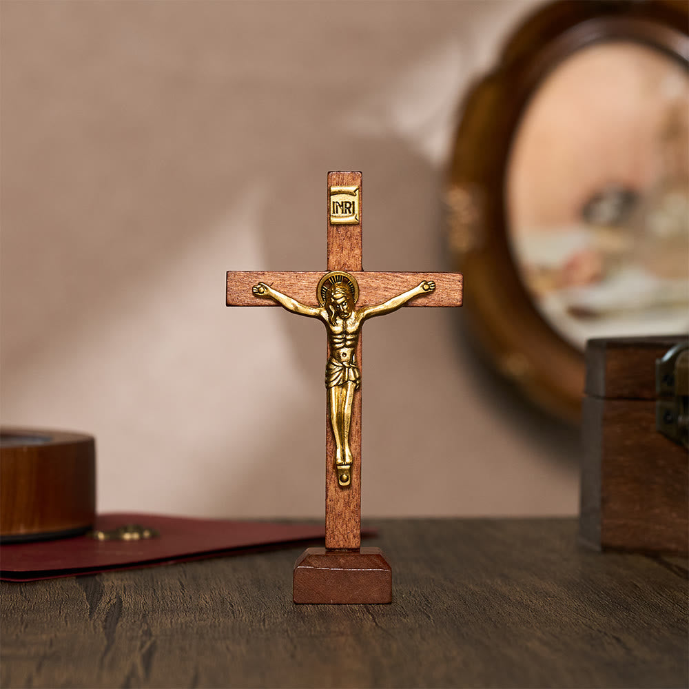 SolaceBeads Standing Wood Crucifix Tabletop Prayer Cross: Accompanying Personal Meditation - Brown - image 3