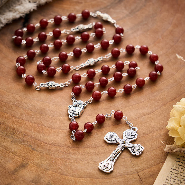 SolaceBeads Red Agate Handmade Rosary With Roses &amp; Four‑way Crucifix: Pray With Madonna &amp; Child - image 7