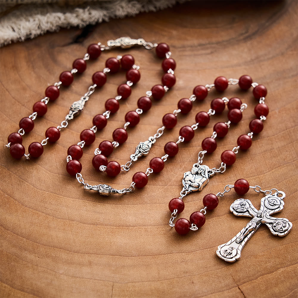 SolaceBeads Red Agate Handmade Rosary With Roses &amp; Four‑way Crucifix: Pray With Madonna &amp; Child - image 6