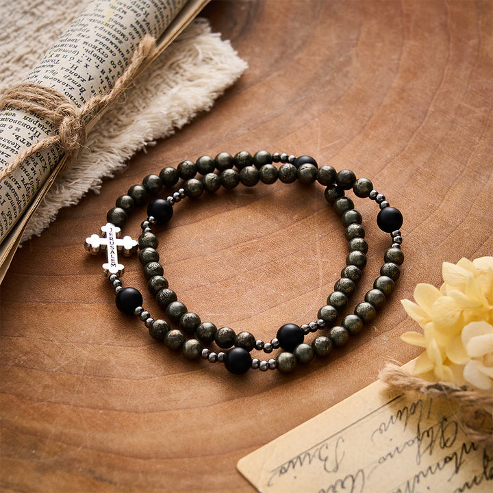 SolaceBeads Pyrite &amp; Black Onyx Stone Rosary Bracelet With Jerusalem Cross: Strength And Power - Black - image 0