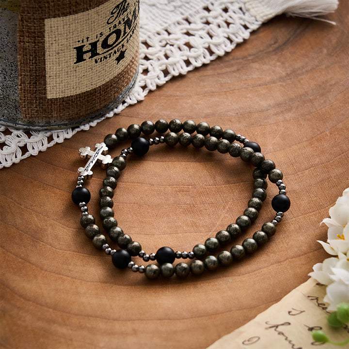 SolaceBeads Pyrite &amp; Black Onyx Stone Rosary Bracelet With Jerusalem Cross: Strength And Power - image 2