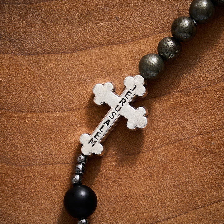 SolaceBeads Pyrite &amp; Black Onyx Stone Rosary Bracelet With Jerusalem Cross: Strength And Power - image 3