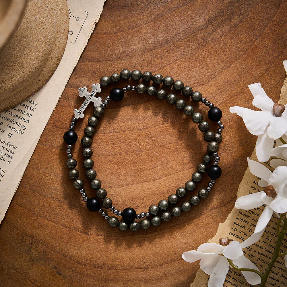 SolaceBeads Pyrite &amp; Black Onyx Stone Rosary Bracelet With Jerusalem Cross: Strength And Power - image 4