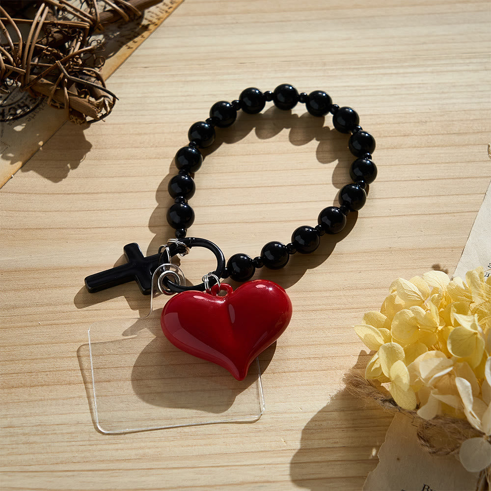 Solacebeads Black Bead &amp; Red Heart Phone Charm With Black Metal Cross: Love And Faith In Daily Life - Black - image 0