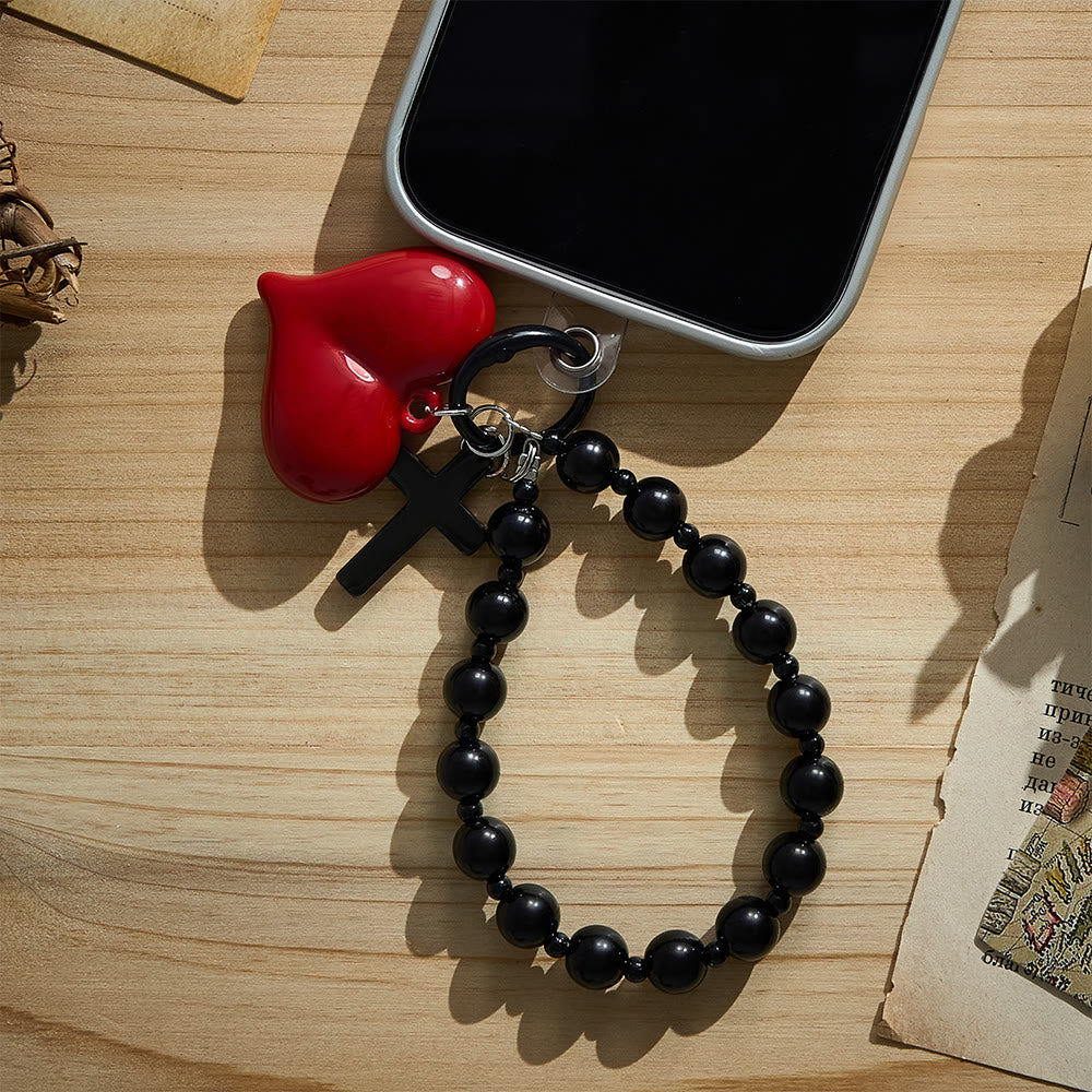 Solacebeads Black Bead &amp; Red Heart Phone Charm With Black Metal Cross: Love And Faith In Daily Life - image 1