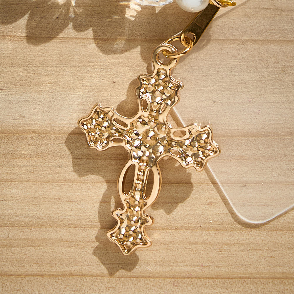 SolaceBeads Clear Crystal &amp; Pearl Phone Charm With Pearl‑Encrusted Cross: Grace in Luminous Sparkle - image 3
