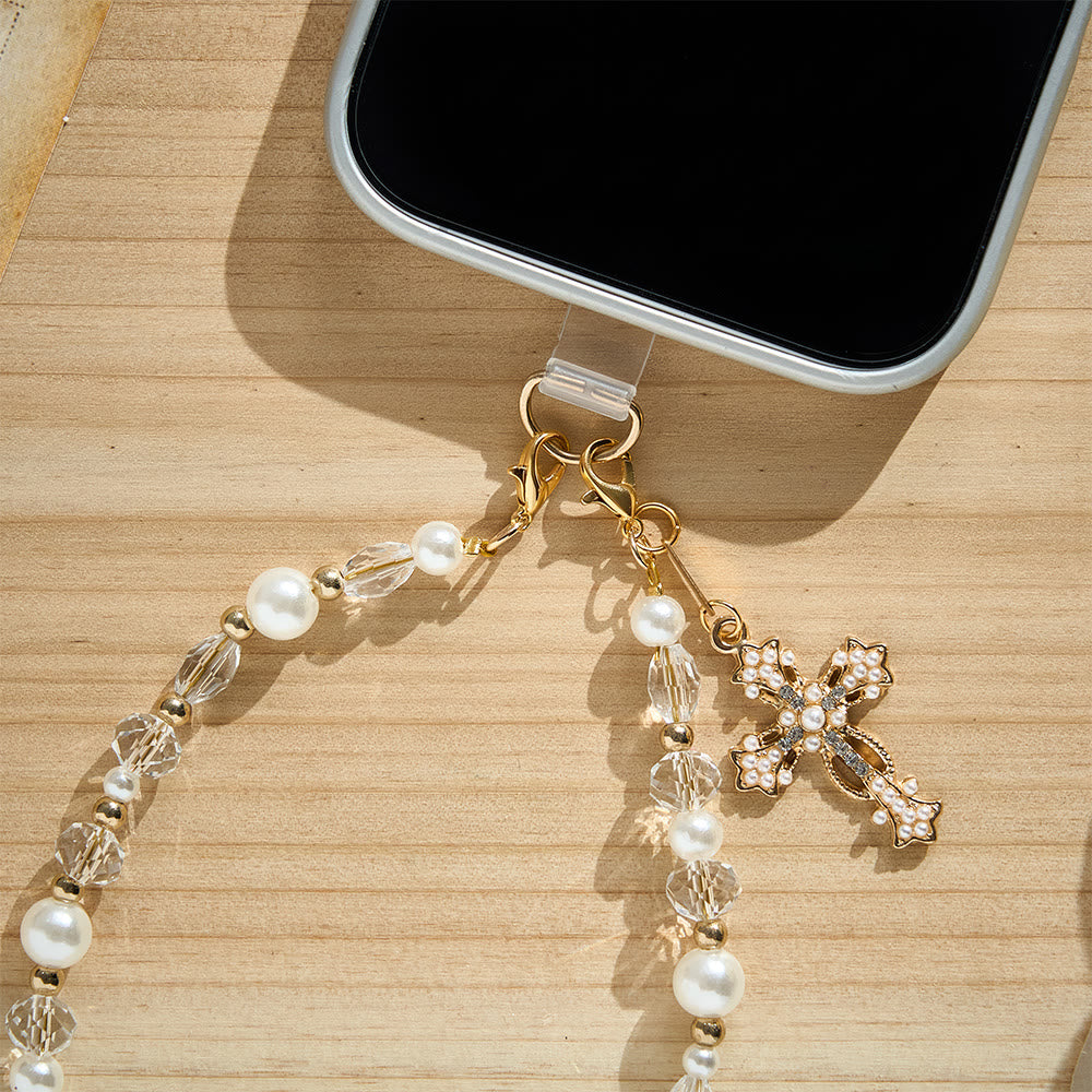 SolaceBeads Clear Crystal &amp; Pearl Phone Charm With Pearl‑Encrusted Cross: Grace in Luminous Sparkle - image 4