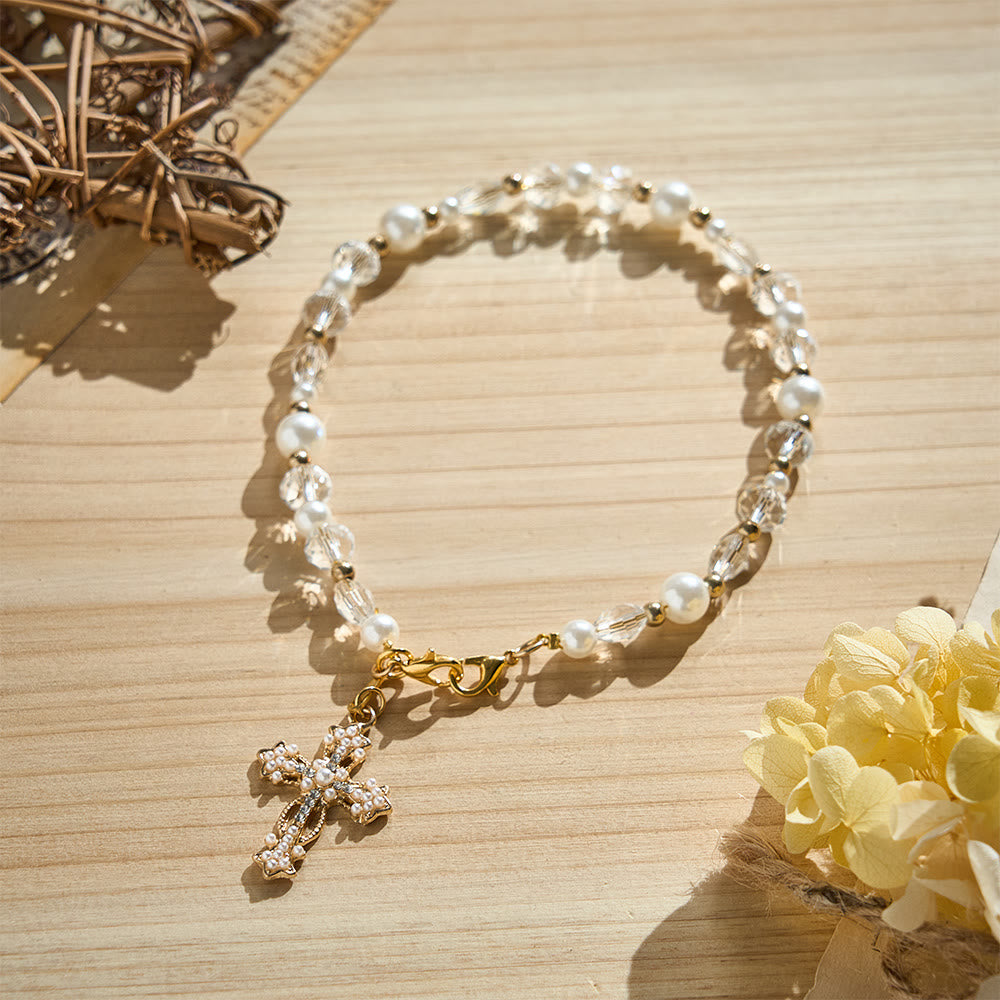 SolaceBeads Clear Crystal &amp; Pearl Phone Charm With Pearl‑Encrusted Cross: Grace in Luminous Sparkle - image 5