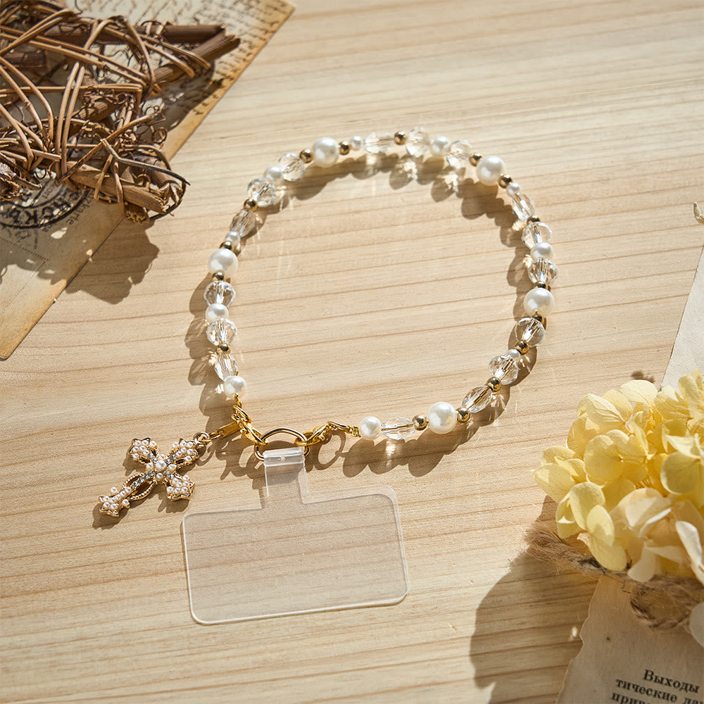 SolaceBeads Clear Crystal &amp; Pearl Phone Charm With Pearl‑Encrusted Cross: Grace in Luminous Sparkle - Clear Crystal - image 0