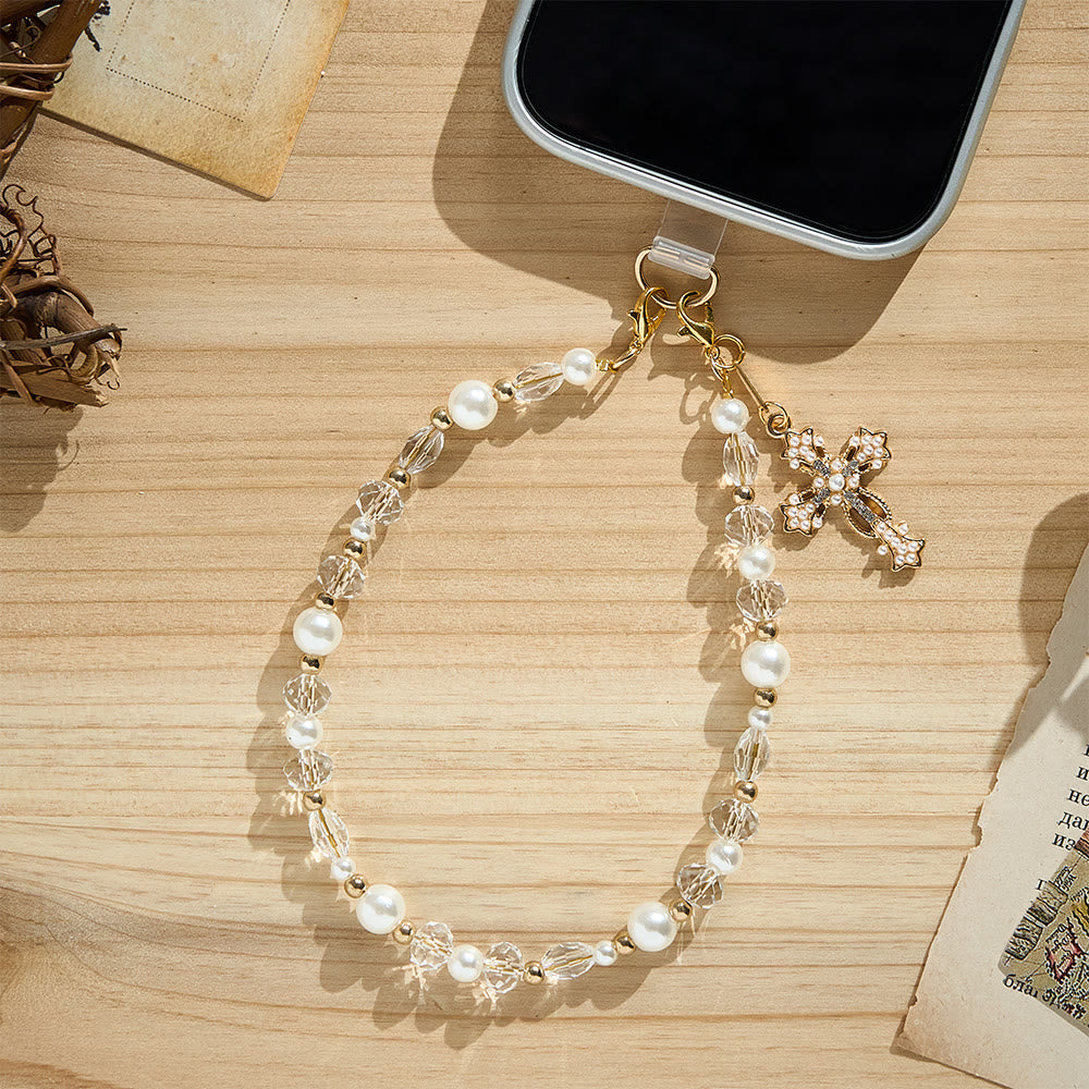 SolaceBeads Clear Crystal &amp; Pearl Phone Charm With Pearl‑Encrusted Cross: Grace in Luminous Sparkle - image 1