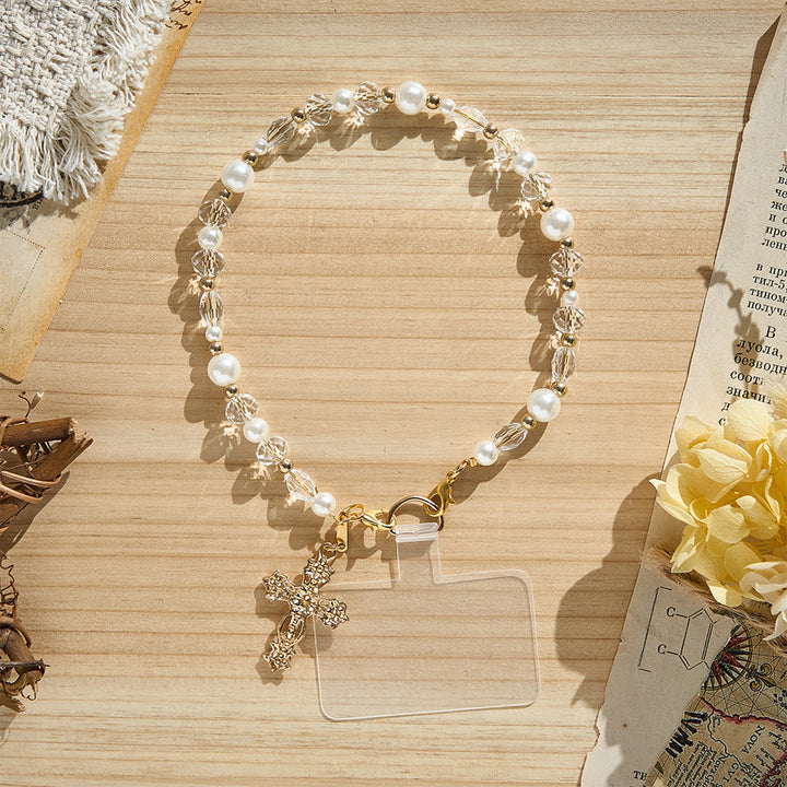 SolaceBeads Clear Crystal &amp; Pearl Phone Charm With Pearl‑Encrusted Cross: Grace in Luminous Sparkle - image 6