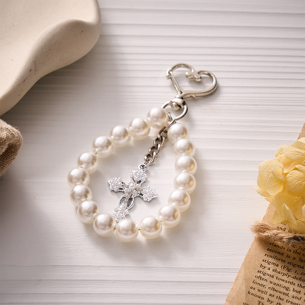 Solacebeads Pearl Bead Keychain With Pearl‑Set Silver Cross &amp; Heart Clasp: Purity in Luster - White - image 0