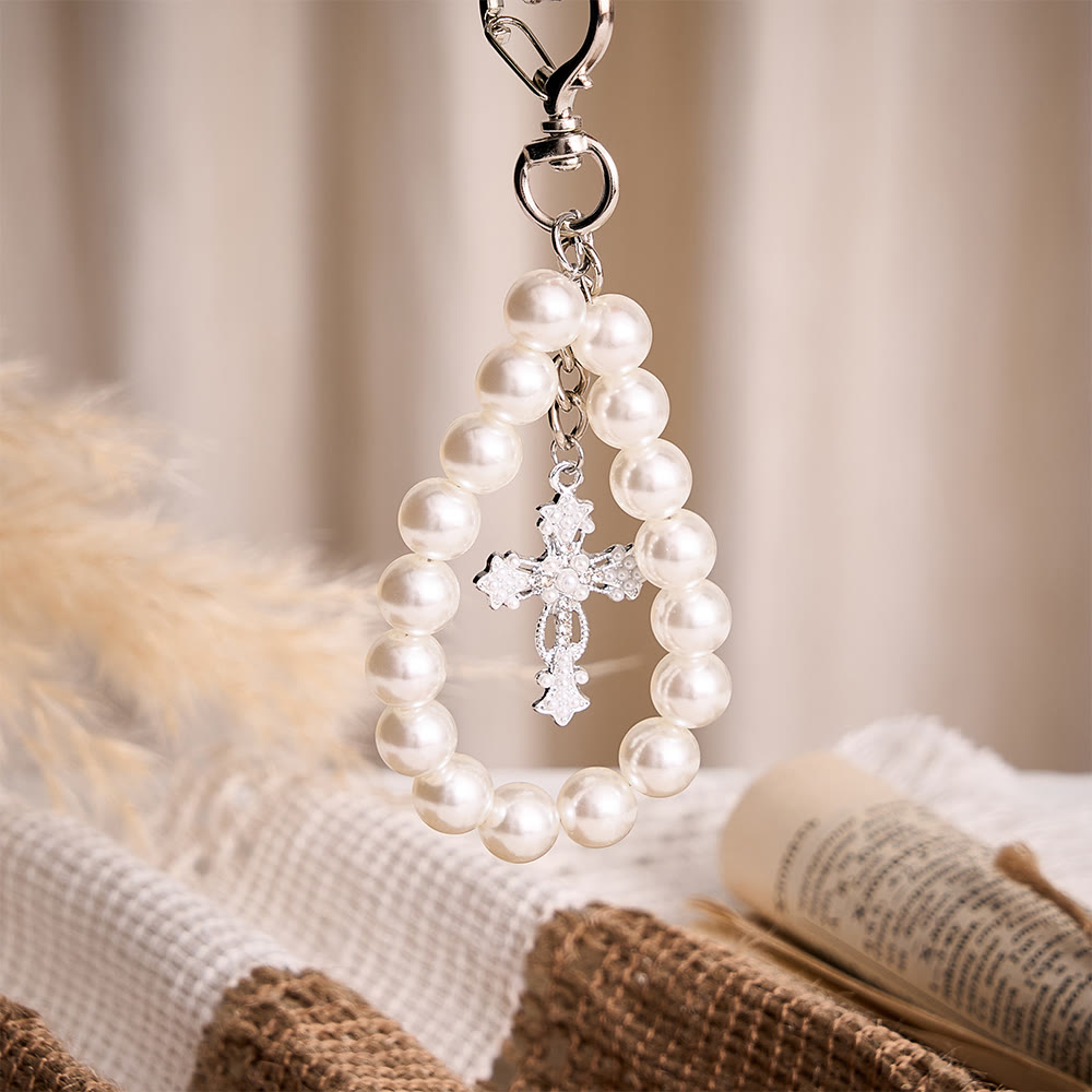 Solacebeads Pearl Bead Keychain With Pearl‑Set Silver Cross &amp; Heart Clasp: Purity in Luster - image 2