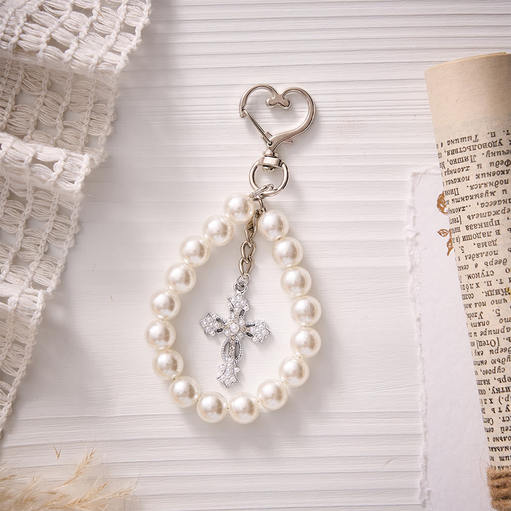 Solacebeads Pearl Bead Keychain With Pearl‑Set Silver Cross &amp; Heart Clasp: Purity in Luster - image 4