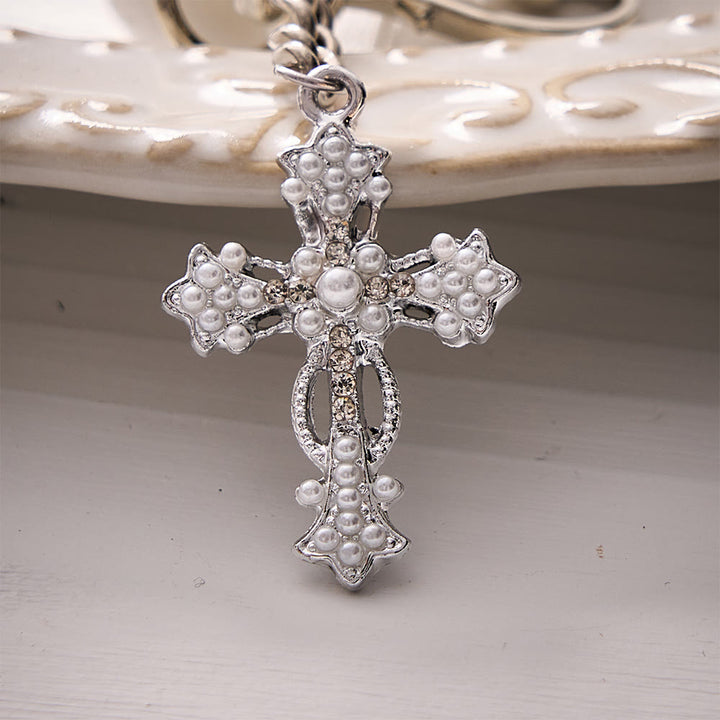 Solacebeads Pearl Bead Keychain With Pearl‑Set Silver Cross &amp; Heart Clasp: Purity in Luster - image 3