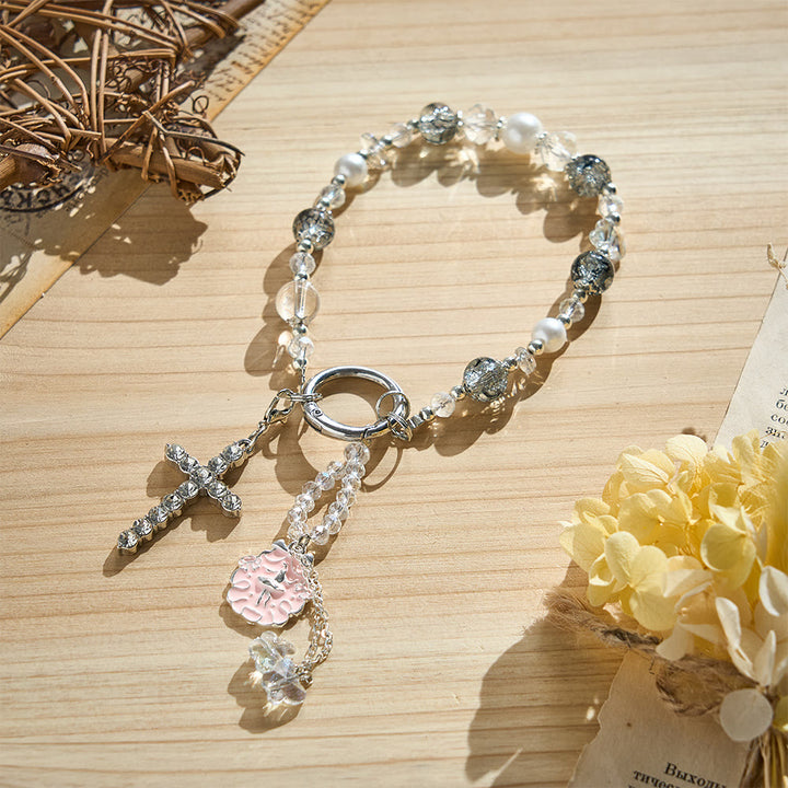 SolaceBeads Beaded Phone Charm: Gentle Design with Rhinestone Cross Pendant - Clear &amp; Black - image 0